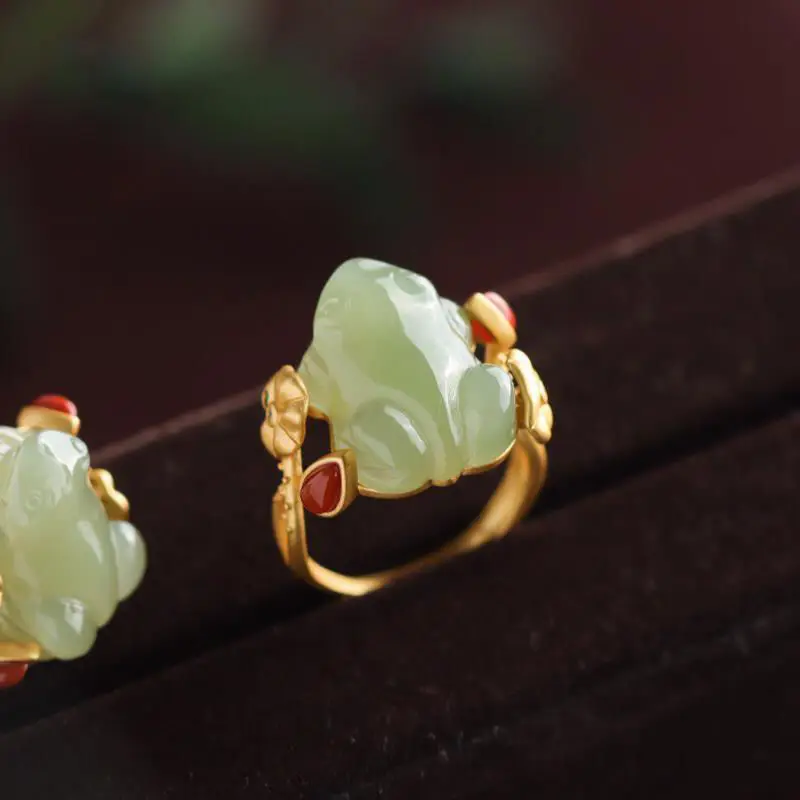 Women Accessories Jewelry - 녹색 옥 개구리 반지, 자연 디자이너